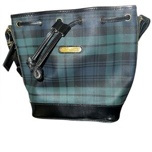 Polo RALPH LAUREN Black Watch Plaid Leather Drawstring Bucket Shoulder Bag EUC